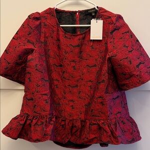 Sugar Lips Red Rose Jacquard Peplum Top NWT – Textured Floral Puff Sleeve M